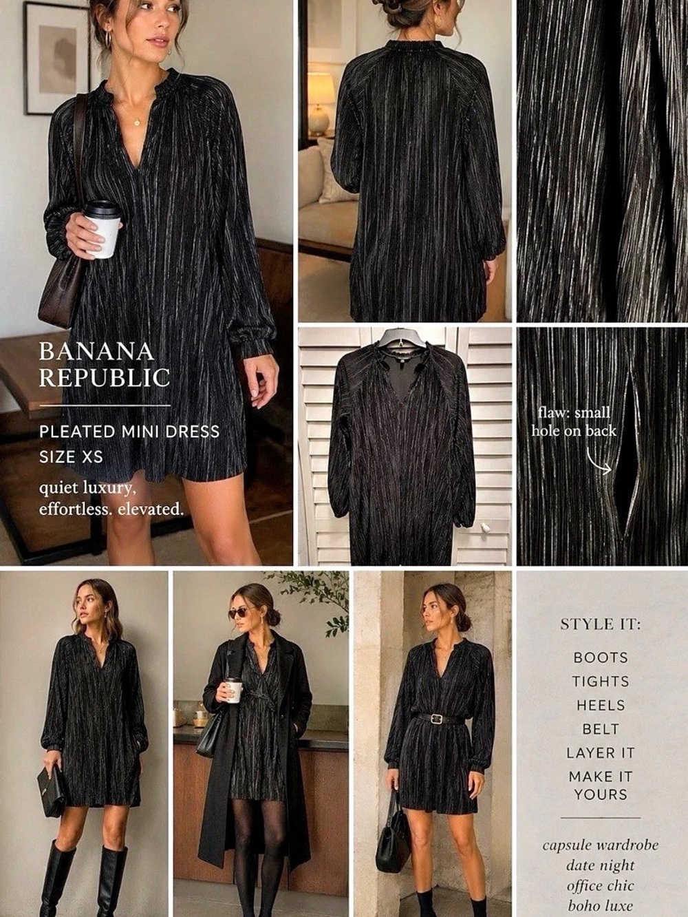 Banana Republic Pleated Mini Dress Size XS Black Satin Split Neck Quiet Luxury